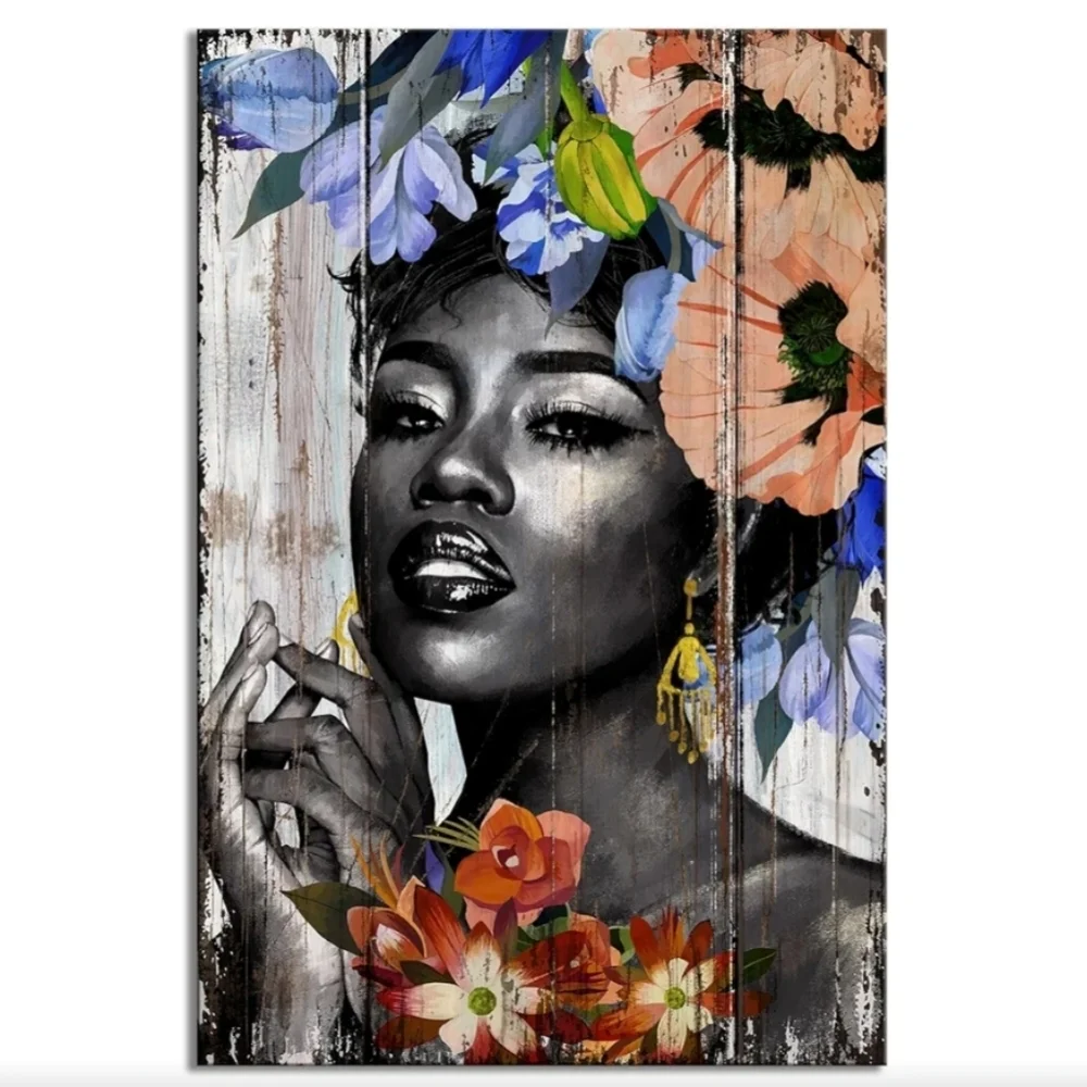 Yeawin African American Wall Art Black Girl Black Woman with Flower Canvas Wall